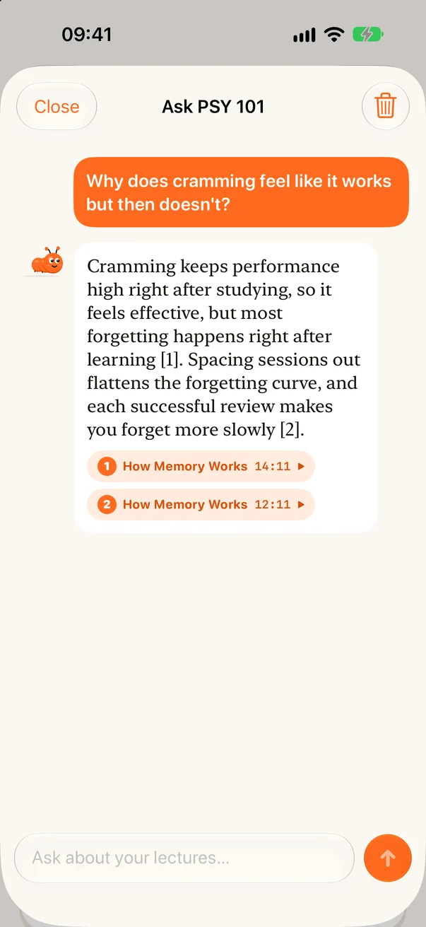 Ask PSY 101 chat with an answer citing two lecture timestamps