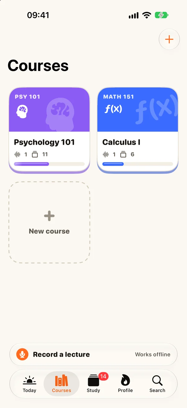 Courses screen with colored Psychology and Calculus course cards