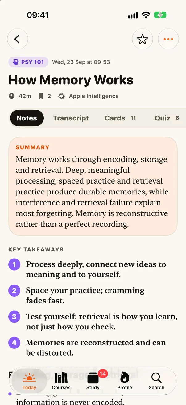 Lecture notes with a summary and numbered key takeaways