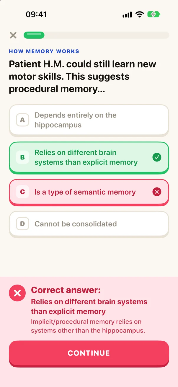 Quiz question answered incorrectly, showing the correct answer and explanation