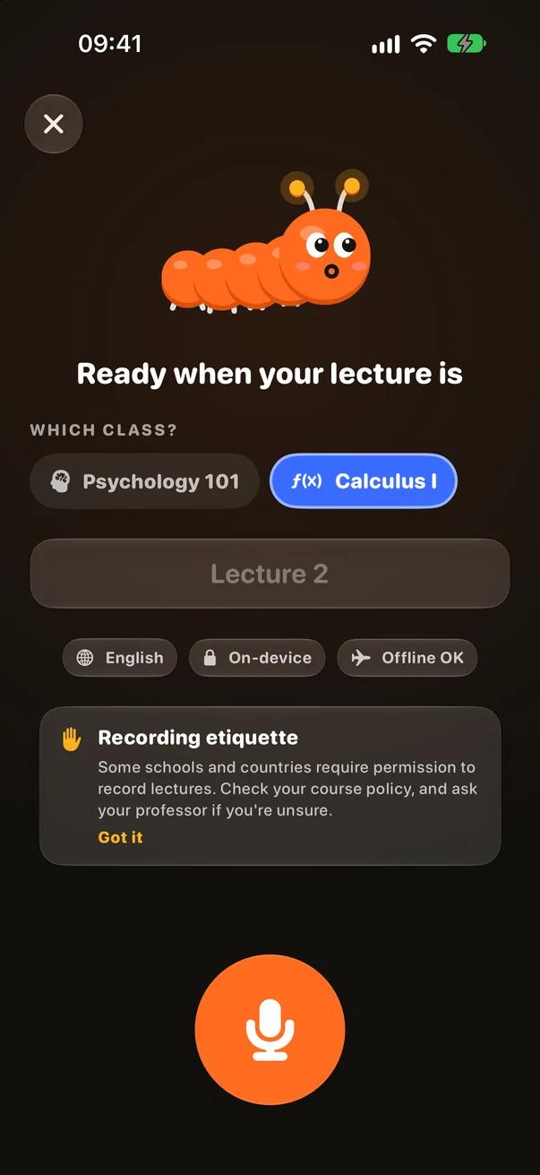 Recorder screen with course picker and record button