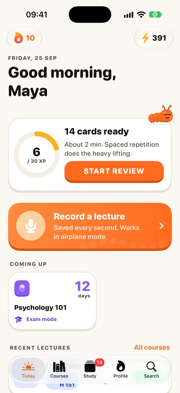 Centi's Today screen: 14 cards ready for review, a Record a lecture button, and upcoming exams